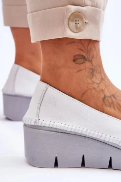 Skórzane Tenisówki Na Koturnie Maciejka 5814A-11 Biało-Czarne