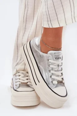 Skórzane Trampki Damskie Na Platformie GOE RR2N4108 Srebrne