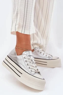 Skórzane Trampki Damskie Na Platformie GOE RR2N4108 Srebrne