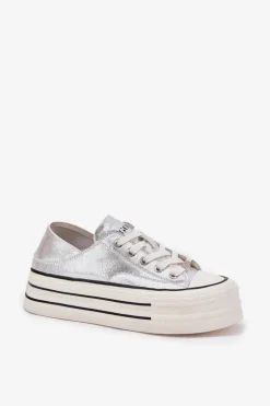 Skórzane Trampki Damskie Na Platformie GOE RR2N4108 Srebrne