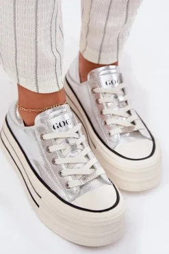 Skórzane Trampki Damskie Na Platformie GOE RR2N4108 Srebrne