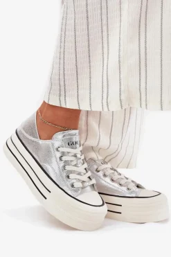 Skórzane Trampki Damskie Na Platformie GOE RR2N4108 Srebrne