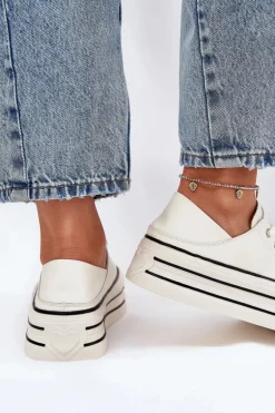 Skórzane Trampki Damskie Na Platformie GOE RR2N4106 Białe