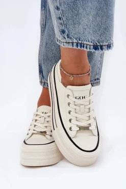 Skórzane Trampki Damskie Na Platformie GOE RR2N4106 Białe