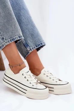 Skórzane Trampki Damskie Na Platformie GOE RR2N4106 Białe