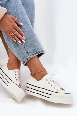 Skórzane Trampki Damskie Na Platformie GOE RR2N4106 Białe