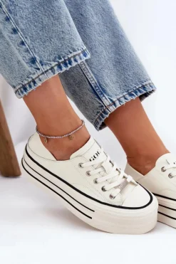 Skórzane Trampki Damskie Na Platformie GOE RR2N4106 Białe