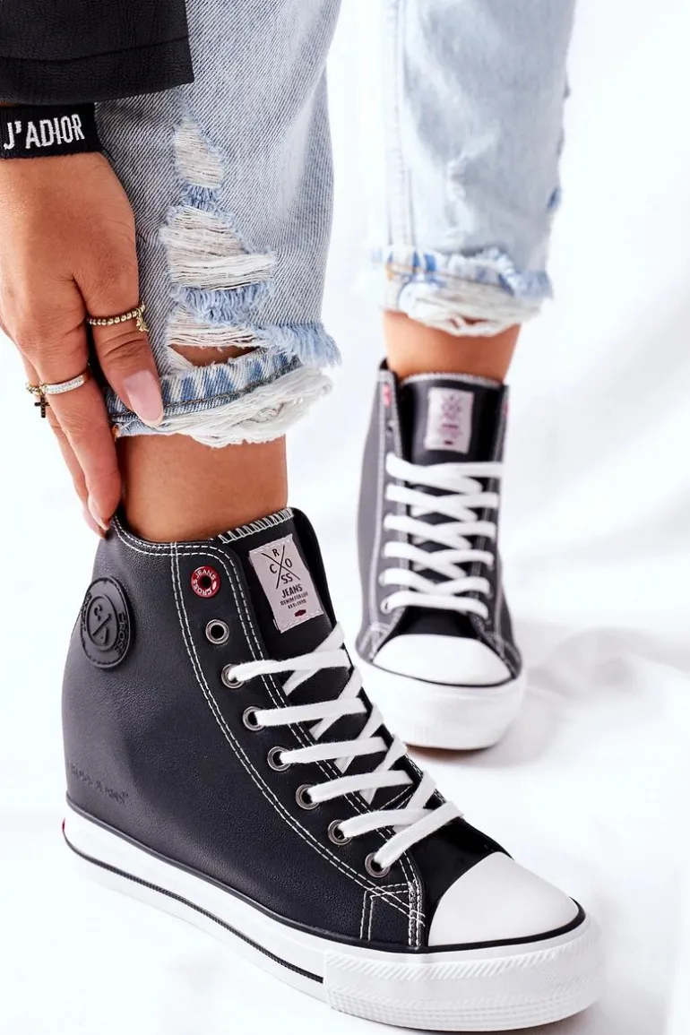 Skórzane Trampki Na Koturnie Cross Jeans II2R4025 Czarne