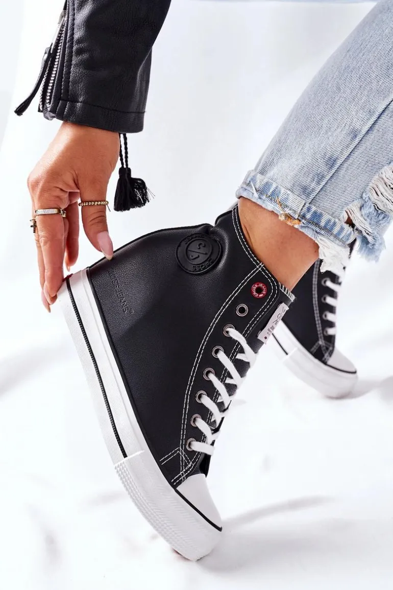 Skórzane Trampki Na Koturnie Cross Jeans II2R4025 Czarne