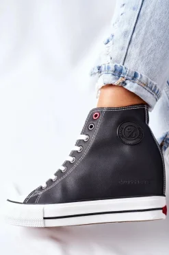 Skórzane Trampki Na Koturnie Cross Jeans II2R4025 Czarne