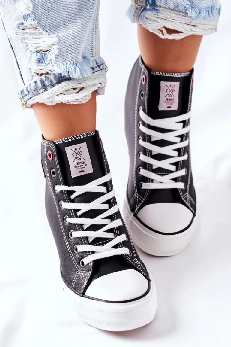 Skórzane Trampki Na Koturnie Cross Jeans II2R4025 Czarne