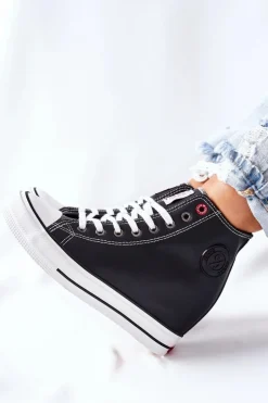 Skórzane Trampki Na Koturnie Cross Jeans II2R4025 Czarne