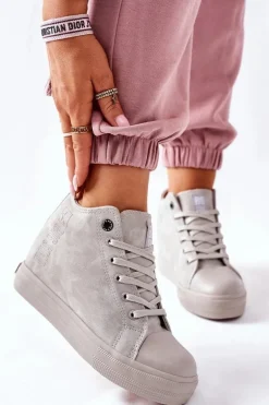 Skórzane Trampki Na Koturnie Big Star II274093 Szare