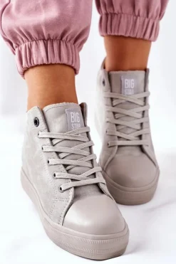 Skórzane Trampki Na Koturnie Big Star II274093 Szare