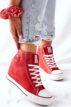 Skórzane Trampki Na Koturnie Cross Jeans II2R4026 Czerwone