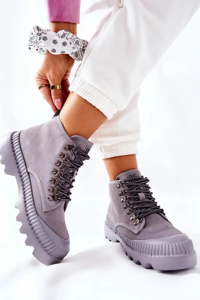 Skórzane Trapery Botki Big Star II274365 Szare