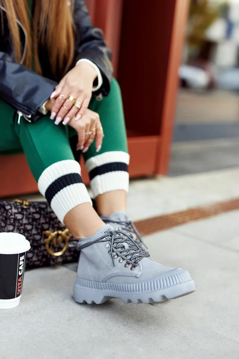 Skórzane Trapery Botki Big Star II274365 Szare