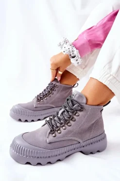 Skórzane Trapery Botki Big Star II274365 Szare