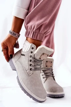 Skórzane Trapery Z Ociepleniem Jasnoszare Laralis