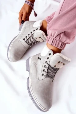 Skórzane Trapery Z Ociepleniem Jasnoszare Laralis