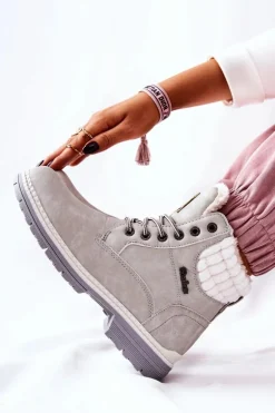 Skórzane Trapery Z Ociepleniem Jasnoszare Laralis