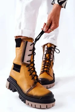 Skórzane Trzewiki Botki Ocieplane Maciejka Żółte 05113-07