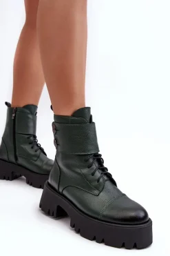 Skórzane Workery Botki Damskie Zielone Lemar Anceria