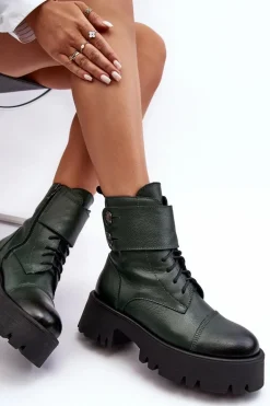 Skórzane Workery Botki Damskie Zielone Lemar Anceria