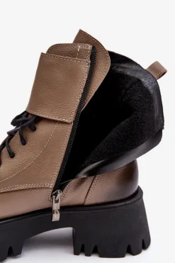 Skórzane Workery Botki Damskie Beżowe Lemar Anceria