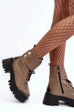 Skórzane Workery Botki Damskie Beżowe Lemar Anceria