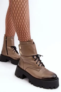 Skórzane Workery Botki Damskie Beżowe Lemar Anceria