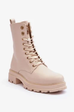 Skórzane Workery Botki Z Ozdobą Beżowe Yemannis