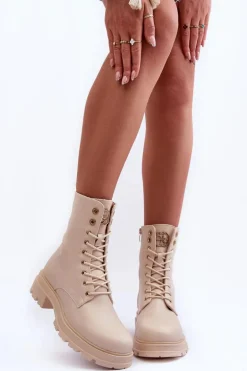 Skórzane Workery Botki Z Ozdobą Beżowe Yemannis