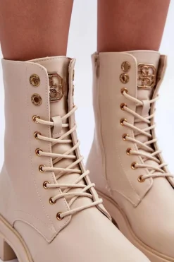 Skórzane Workery Botki Z Ozdobą Beżowe Yemannis