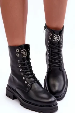 Skórzane Workery Botki Z Ozdobą Czarne Yemannis