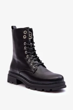 Skórzane Workery Botki Z Ozdobą Czarne Yemannis