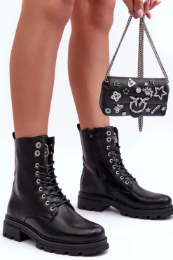 Skórzane Workery Botki Z Ozdobą Czarne Yemannis