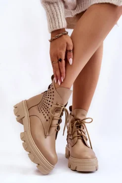 Skórzane Workery Z Ażurowym Wzorem Beżowe Abilene