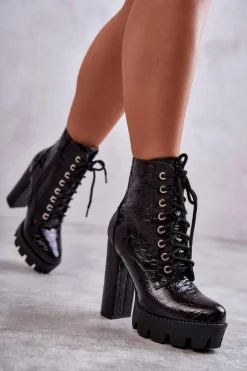 Skórzane Wężowe Botki Na Wysokim Obcasie Czarne Madly