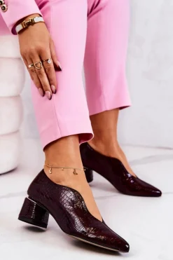 Skórzane Wężowe Czółenka Bordowe Alissa