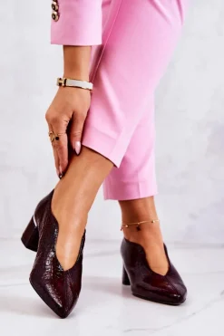 Skórzane Wężowe Czółenka Bordowe Alissa