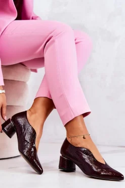 Skórzane Wężowe Czółenka Bordowe Alissa