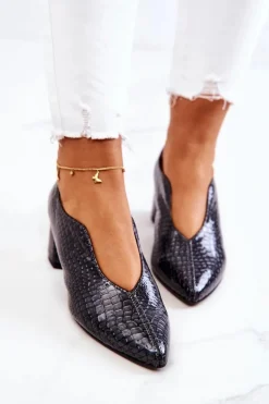 Skórzane Wężowe Czółenka Ciemnoszare Alissa