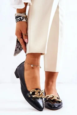 Skórzane Wężowe Czółenka Czarne Elissabeth