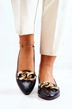 Skórzane Wężowe Czółenka Czarne Elissabeth