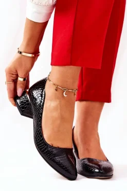 Skórzane Wężowe Czółenka Lewski 3118 Czarne