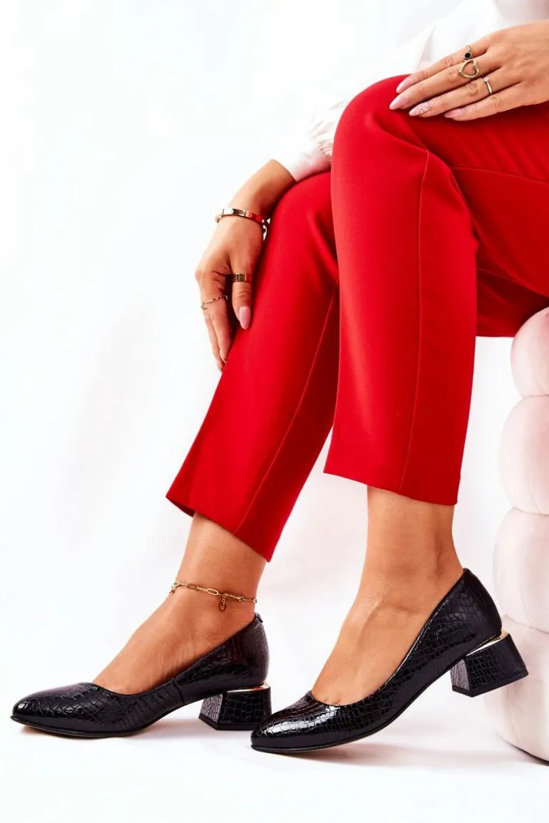 Skórzane Wężowe Czółenka Lewski 3118 Czarne