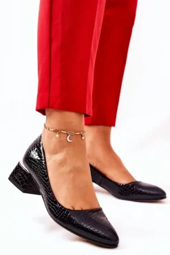 Skórzane Wężowe Czółenka Lewski 3118 Czarne