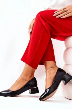 Skórzane Wężowe Czółenka Lewski 3118 Czarne