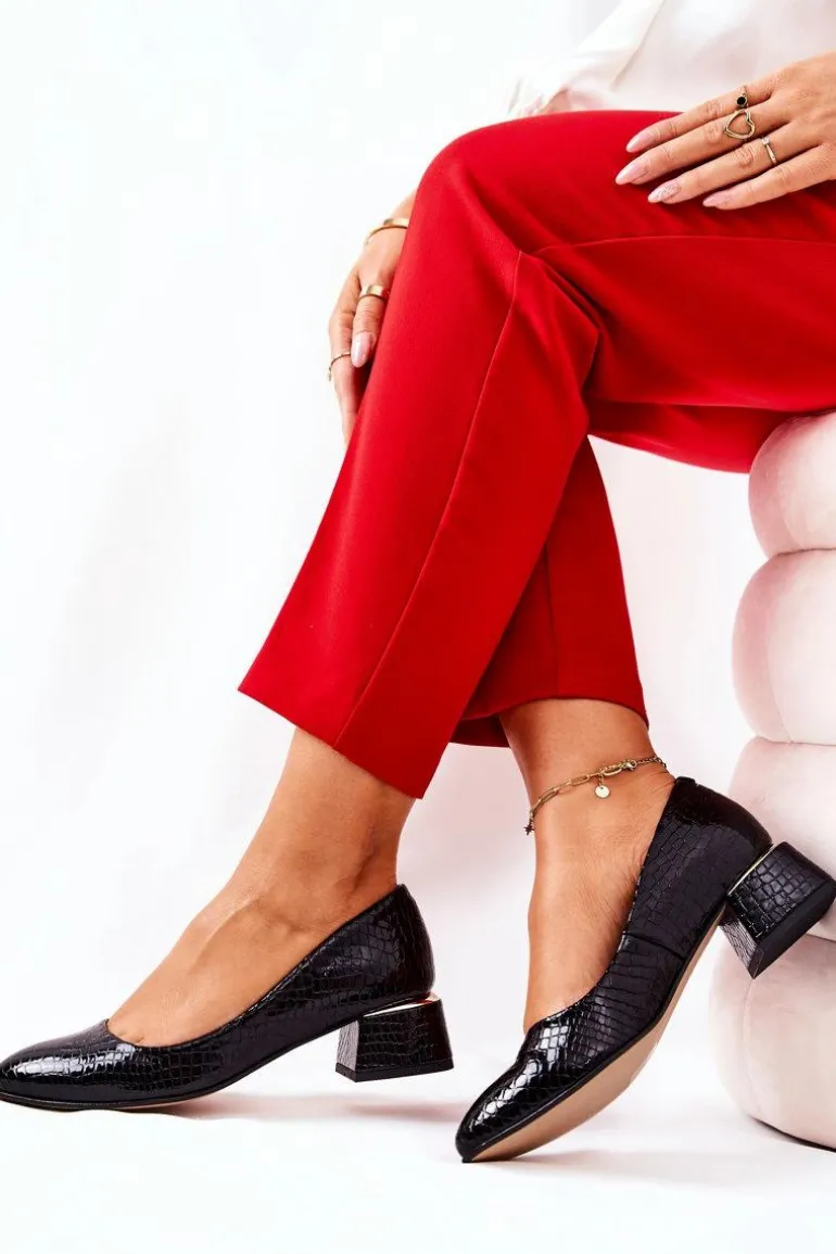 Skórzane Wężowe Czółenka Lewski 3118 Czarne